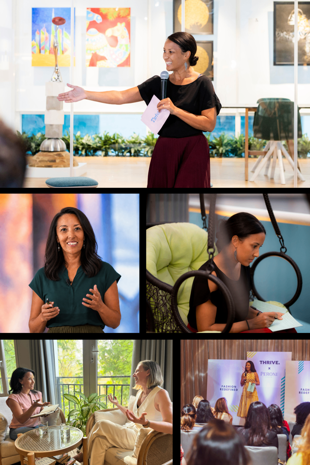 A collage of Farida speaking, coaching, presenting and facilitating